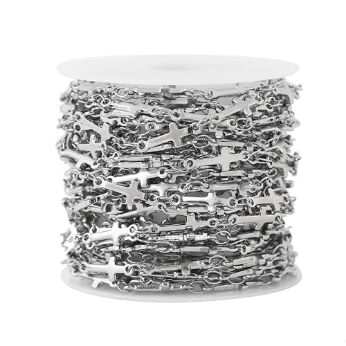 5 Meters Stainless Steel Cross Link Chains in Bulk for DIY Men Women Jewelry Making with Lobster Clasps, Jump Rings (Silver) - color: silver