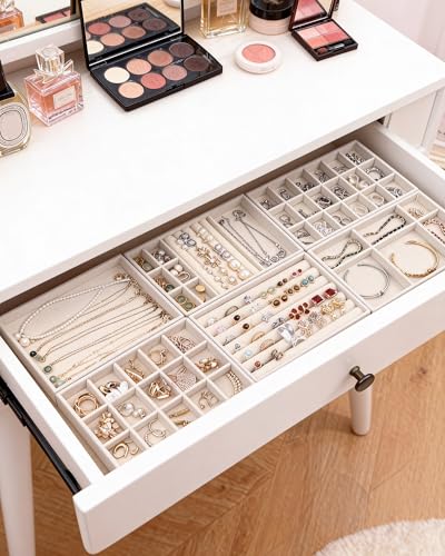 Stackable Jewelry Organizer Trays with Removable Dividers, 6-Tray Beige Jewelry Drawer Organizer Set for Earrings, Necklaces, Rings & Bracelets Gift for Her - size: 6 Layers