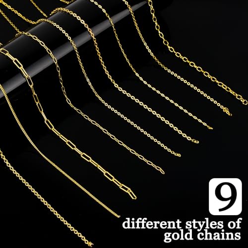 ZEVOFIUR Gold Necklace Chains for Jewelry Making, 9 Rolls of Jewelry Chain, DIY Starter Kit for DIY Necklace Bracelet Making Accessories with Jump Rings, Lobster Clasps, Connectors, Charms