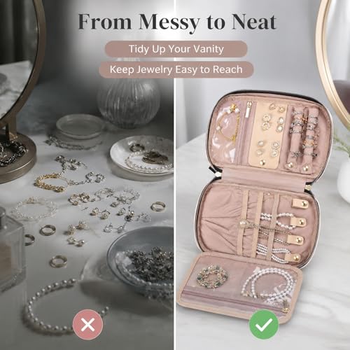 Jewelry Travel Case Organizer for Necklaces, Earrings, Rings, Bracelet, Watch, Soft Sided, Pink - color: Pink