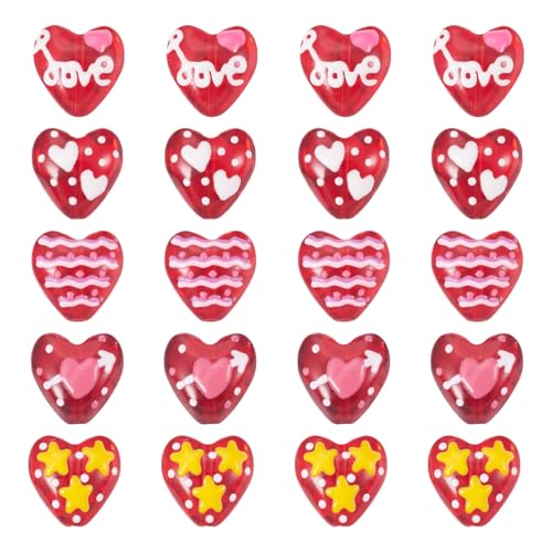 Red Heart Beads Glass Cute Heart Hand Drawn Beads Craftdady 20Pcs Love Loose Spacer Beads Red Bracelet for DIY Earring Necklace Jewelry Making-14mm - color: Red