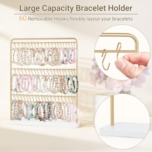 Mkono Bracelet Holder Metal Jewelry Organizer Display Stand Modern Necklace Holder with 60 Hooks Storage Rack for Hanging Bangle and Earrings Bedroom Dressing Table Decor Gifts for Women,Gold