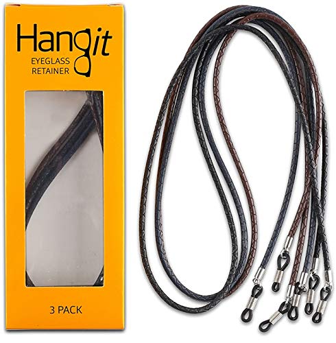 HANGIT, Elegant Eyeglass, Sunglass Strap-Chain-Retainer, Sports Band, 3 Pack (blue black brown - PU Leather For Men Women By HANGIT