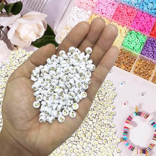 500PCS 4x7mm Acrylic Letter Beads S for Friendship Bracelets Jewelry Making, White Round Flat Acrylic with Golden Alphabet Beads for DIY Crafts Bracelets Necklaces Key Chains Phone Lanyard - color: S(Golden on White)