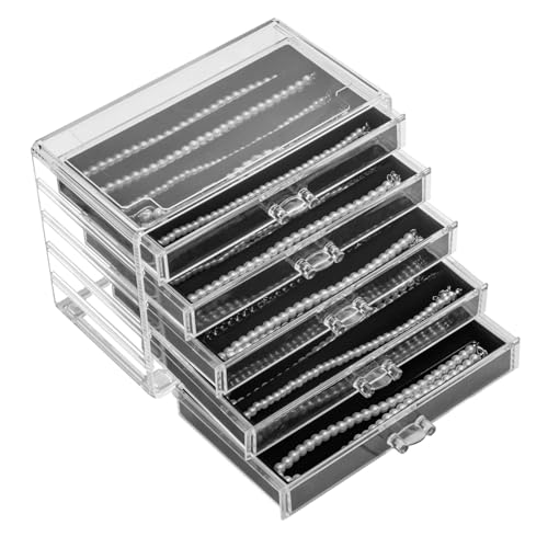 YUFONG Necklace Holder Organizer, Dustproof Necklace Box Velvet Necklace Organizer Box with Lid Clear Acrylic Dustproof Stackable Jewelry Displays for Necklaces Chain Display (Black, 5 Drawer) - color: Black, size: 5 Drawer