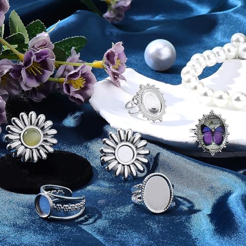SUNNYCLUE 1 Box 16Pcs Cabochon Ring Blanks Stainless Steel Bezel Ring Blank Silver Antique Sun Flower Adjustable Finger Base Tray Findings Components for Jewelry Making DIY Gifts Accessories Supplies - style: Ring 5