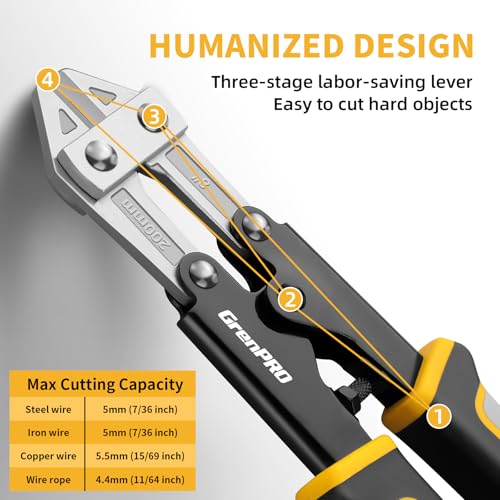 GRENPRO Wire Cutters Heavy Duty 8 Inch, Mini Bolt Cutter & Small Wire Cable Cutters, Wire Clippers for Crafting, Wire Cutter Pliers with Soft Anti-Slip Handle - style: 8" Bolt Cutter