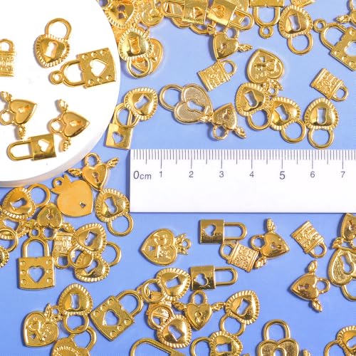 stino 100 Gram Metal Charms for Jewelry Making, Silver & Gold Plated, Bulk Pack for Bracelets, Necklaces, Crafts - color: Heart Lock Gold