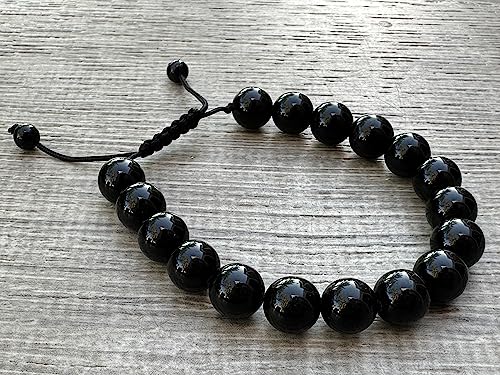GAF TREASURES Grade A ++ Gemstone Round Bead Adjustable Bracelet 10mm, Genuine Crystal Bead Bracelet, Gift for Men & Women - color: Black Obsidian