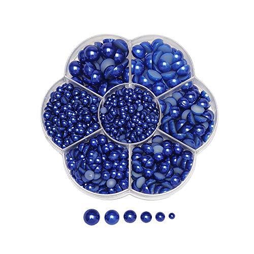Chenkou Craft Random 1900pcs Navy Assorted 7 Sizes(3/4/5/6/7/8/10mm) Half Pearl Bead Flat Back Gem Scrapbook Craft DIY Loose Beads + Plastic Box (Navy-Blue) - color: Navy-blue