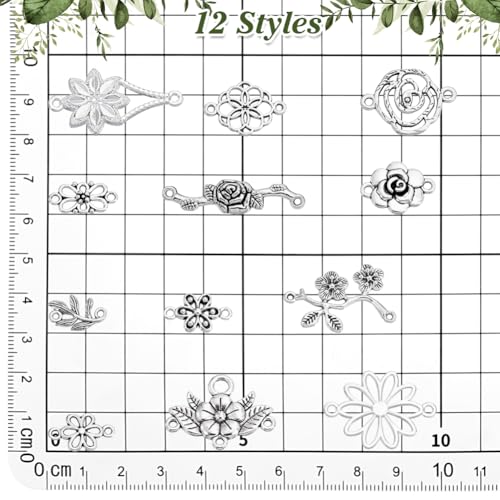 PH PandaHall 96pcs 12 Styles Flower Charms, Flower Connectors Links Pendant Metal Filigree Charms Jewelry Connector for Dangle Earrings Bracelets Necklaces Crafts Making, Antique Silver