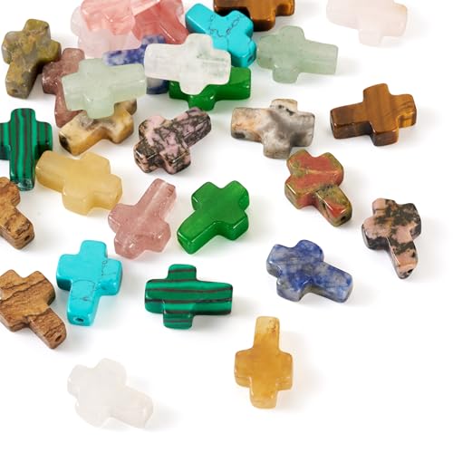 30 Pcs Gemstone Cross Beads Small Crosses Crystal Stone Bead Turquoise Cross Beads Small Crucifix Charms for Easter Holiday Bracelet Necklace Jewelry Making - color: Turquoise-Colorful