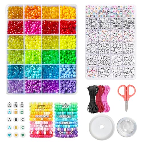 4000+Pcs Pony Beads Bulk, 6*9mm| Friendship Bracelet Making Kit with Assorted Color Plastic Beads in 2 Storage Boxes with 20m Crystal, 30m Elastic String, 3X Braided Ropes & Scissor| Ideal for Jewelry - color: 4000 Pcs - 24 Colors