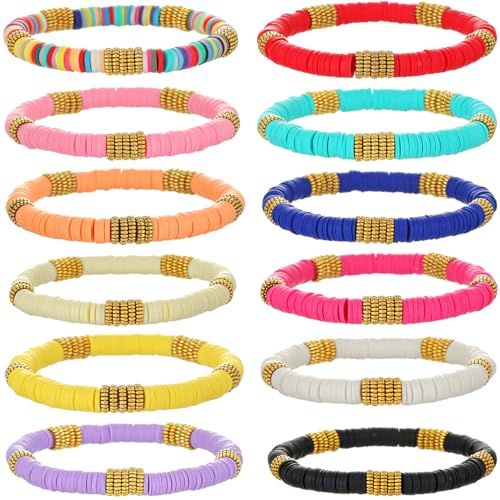 12pcs Friendship Bracelets Beaded Bracelets Heishi Bracelet Cute Bracelets Stack Vinyl Clay Disc Bead Surfer Stretch Summer Beach Bracelets For Women Preppy Bracelets - color: I