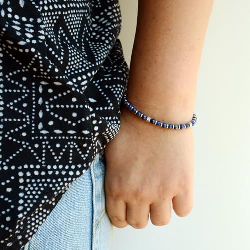 Ganbatte Handmade Beaded Bracelet, Natural Stone and Silver Stainless Steel, Boho Style Women's Jewelry - color: Lapis Lazuli