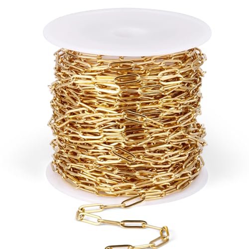 [33 Ft] Stainless Steel Paperclip Chains Roll, 2.5mm Width 18K Gold PVD Plated Stainless Steel Oval Link Chains Spool Bulk for Jewelry Making - color: 18k gold(2.5mm)