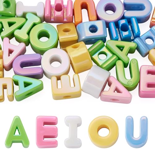 30Pcs Acrylic Vowel Letter Slider Beads Chunky Alphabet Letter Bead Charm Rainbow Color Large Initial Spacer Beads for Wristbands Bracelets Necklace Choker Jewelry Making - color: Mixed Color, Vowel