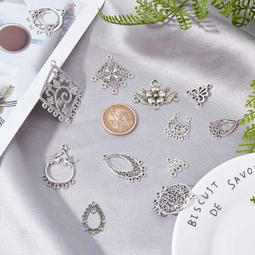 SUNNYCLUE 1Box 48Pcs 12 Style Tibetan Flower Alloy Chandelier Connector Charms Findings Teardrop Hat Oval Components Links for Earring Drop and Charm Pendant, Antique Bronze - color: 48pcs 12 Style Silver Color