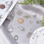SUNNYCLUE 1Box 48Pcs 12 Style Tibetan Flower Alloy Chandelier Connector Charms Findings Teardrop Hat Oval Components Links for Earring Drop and Charm Pendant, Antique Bronze - color: 48pcs 12 Style Silver Color