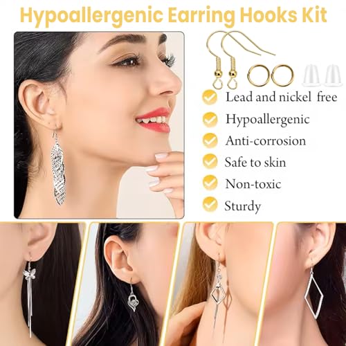 Hypoallergenic Earring Hooks, Ear Wires Fish Hooks, 600 Pcs Gold Earing Making Supplies Kit with Earring Backs and Jump Rings for DIY Jewelry Making (Gold) - color: Gold