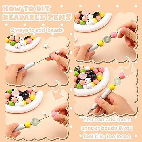Colarr 24 Sets Plastic Beadable Pens DIY Pens Making Kit Assorted Wood Beads Crystal Spacer Black Ink Ballpoint for Women Crafts Office Family Gifts(Cute Daisy) - style: Cute Daisy