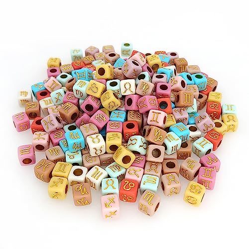 200+ Pieces 7x7mm Colorful Gold Cube Acrylic Alphabet Zodiac Charms Constellation Beads Mixed Plastic Shape Loose Beads forJewelry Making Bracelets Necklaces Key Chains (Gold on Colorful) - size: Gold on Colorful