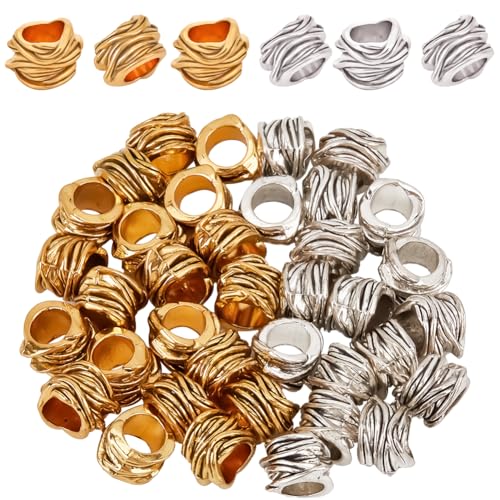 1 Box 40pcs Large Hole Spacer Beads Silver Tibetan Spacer Beads Alloy European Rondelle Gold Spacers Metal Hollow Column Bead for DIY Jewelry Crafts Making Women Beading DIY Necklace Bracelet
