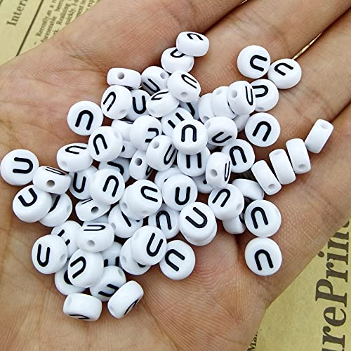 Amaney 100pcs U Letter Beads 7x4mm White Round Acrylic Black Alphabet for Bracelet Jewelry Making - color: U