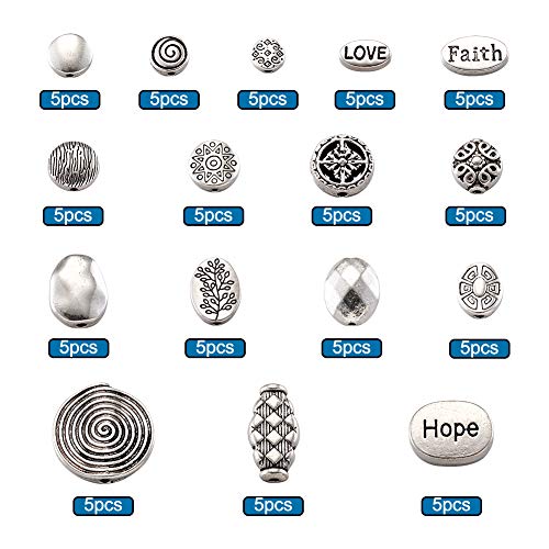 Beadthoven 80pcs/Box Tibetan Style Flat Round Oval Spacers Beads 16style Antique Silver Hope Faith Love Disc Coin Beads for Bracelet Necklace Jewelry Making Supplies - color: Antique Silver-RoundOval-16styles