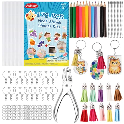 Auihiay 178 PCS Shrinky Paper Keychain Kit for Mother's Day, 25 PCS Shrinky a Dink Sheets with Hole Punch, Pencils, Keychains, Shrink Plastic Sheets for DIY Crafts for Adults and Teens - size: 178pcs