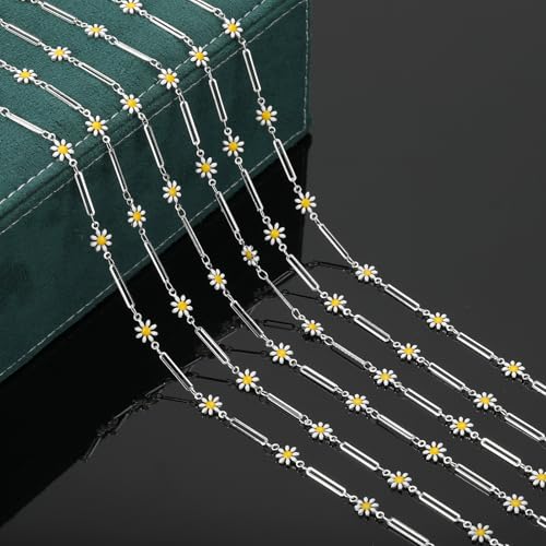 YOUBEIYEE 16.4 Feet Silver Plated Brass Chain for Jewelry Making Silver Paperclip Chain Enamel Daisy Flower Chains Bulk with Jump Rings Lobster Clasps - color: Daisy