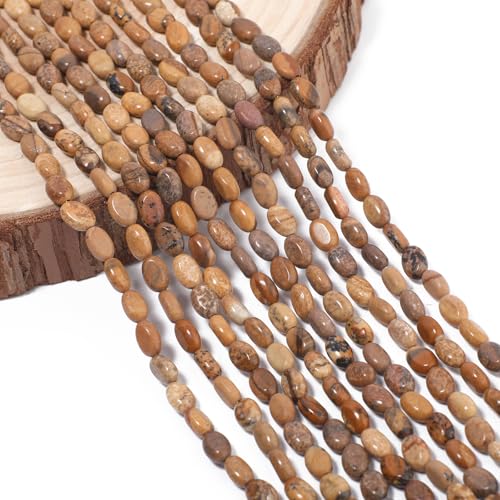 70pcs Natural Yellow Picture Stone Beads，4x6mm Egg Shape Loose Gemstone Beads for Jewelry Making Design Earring Necklace - color: picture stone