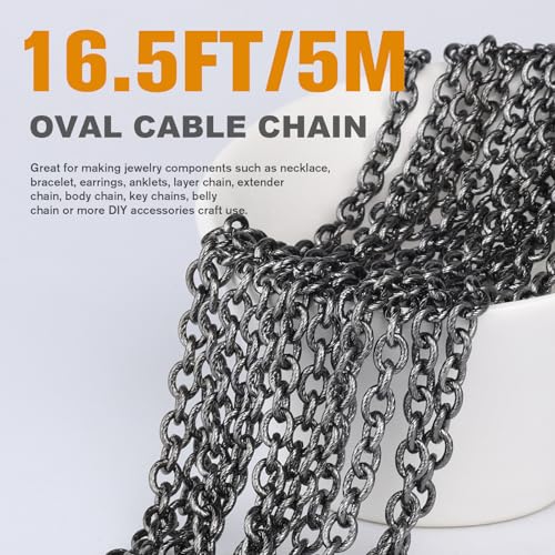 16.5 FT Black Textured Rolo Cable Chains Roll, 7mm 304 Stainless Steel Gunmetal Black Circle Cable Link Chain Bulk Spool for Jewelry Making DIY Craft - color: Gunmetal Black, size: 7mm width