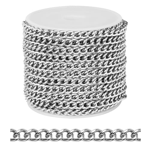 [33 FT] Stainless Steel Curb Chains Bulk for Jewelry Making, 5mm 304 Stainless Steel Flat Twisted Links Curb Chains Roll Spool for Jewelry Making DIY Craft - color: Stainless Steel, size: 5.0mm width