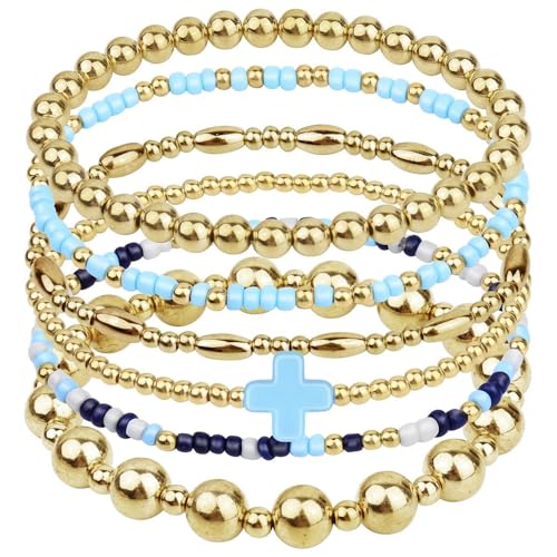 5Pcs Gold Bead Bracelets Set for Women,14K Gold Plated Stackable Bead Ball Bracelets Set,Adjustable Chunky Bangles Bracelets,Boho Stretch Bead Ball Bracelet for Women - color: Color2