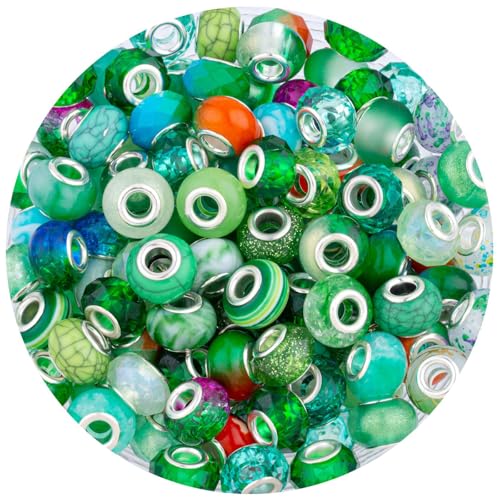 LAIDANLA Green Mix Large Hole Beads, 100pcs 15mm x 5mm Round Resin, Plastic, Acrylic Loose Beads for Jewelry Making, Bracelet, Necklace, Earrings, Keychain, DIY Gifts - color: H-Green Mix
