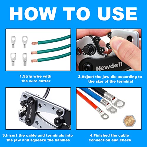 Newdeli Battery Cable Lug Crimping Tool 10-1/0 AWG with 60Pcs Copper Ring Terminals 8 Sizes Cable Lugs Set, Heavy Duty Wire Crimper for Battery Wire Terminal - style: Crimper with 60Pcs Lugs