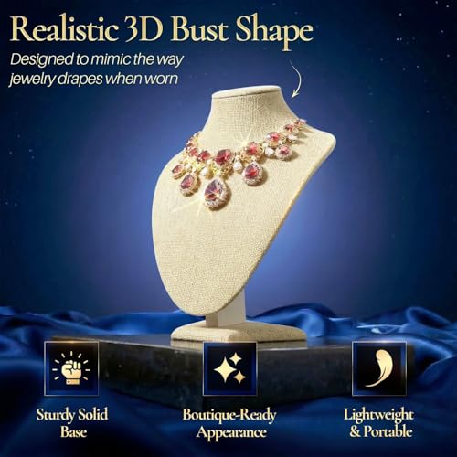 Flexzion Necklace Bust Display Stand (2 Pack) - 9.6 Inch 3D Mannequin Beige Linen Necklace Display Holder for Home, Boutique & Trade Shows - Jewelry Display for Selling Necklace, Pendants, Lockets - size: Small (2 Pack)