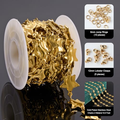 2 Yard Gold Star Chain for Jewelry Making Stainless Steel Chains for Crafts DIY Baroque Link Chain Bulk - color: Gold Star