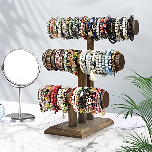 LadyRosian Wooden Bangle Display Holder Stand,3-Tier Wooden Rotating Jewelry Display Stand (Brown-3 layers) - color: Brown 3-Tier