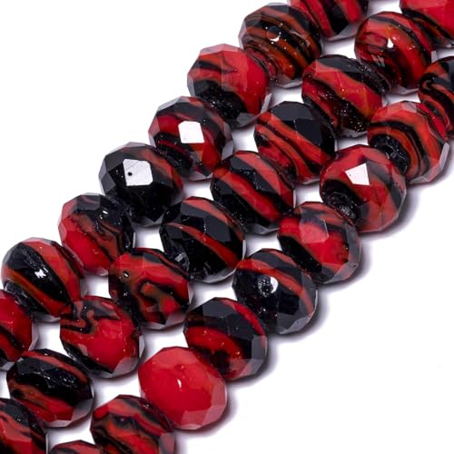 7.5×10mm 50pcs Red Black Faceted Lampwork Glass Beads for Jewelry Making, Flat Round Handmade Murano Beads for Bracelets, Crafts, Friendship Bracelet Kit, Rosary Making - color: Red Black
