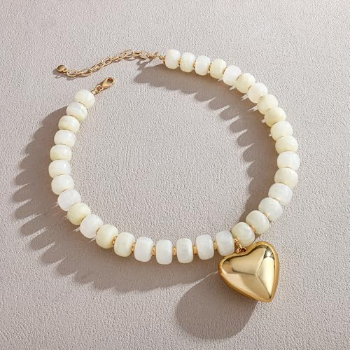 Gold Heart Pendant Necklaces for Women Colorful Acrylic Resin Beaded Choker Necklace Fashion Chunky Statement Beaded Heart Necklace - color: White