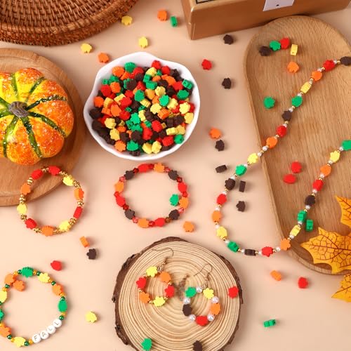 Fall Polymer Clay Beads, 300pcs Fall Mapel Leaf Clay Beads for Jewelry Making Thanksgiving Autumn DIY Bracelet Necklace Accessories Craft Party Supplies - color: Red Orange Yellow Green Brown