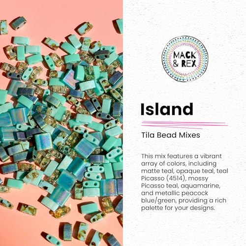 Mack and Rex Tila Bead Mixes (Island) – Includes Matte Teal, Opaque, Picasso (4514), Mossy Picasso, and Aquamarine and Metallic Peacock Blue/Green - color: Island, size: 10 Gram Bag