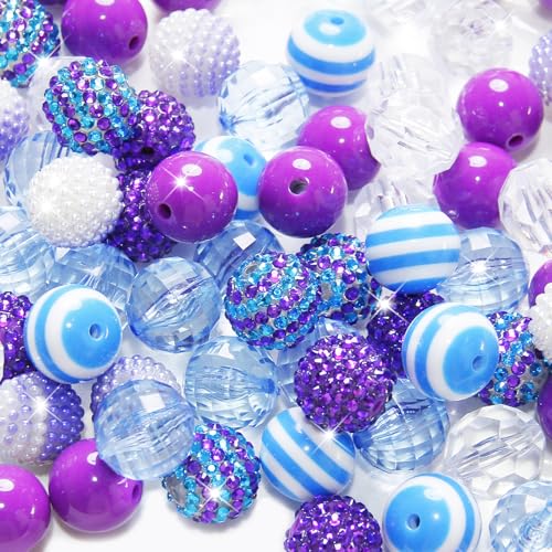 48 Pcs 20mm Beads for Pens Rhinestone Bubblegum Beads Blue Purple Crystal Acrylic Round Chunky Bead Sparkly Craft Large Balls Bead for Pen Beadable Keychain Bracelet DIY Jewelry Making Supplies - color: Light Blue