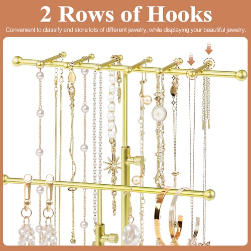 Jewelry Earring Holder Organizer, Adjustable 5 Tiers Rotating Earring Holder 3 Tier Necklace Holder with Wooden Base, Multi-Functional Jewelry Organizer Display Stand for Studs Bracelet Women(Gold) - color: Gold