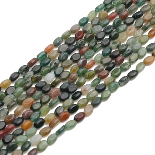 70pcs Natural Indian Agate Stone Beads，4x6mm Egg Shape Loose Gemstone Beads for Jewelry Making Design Earring Necklace - color: Indian agate