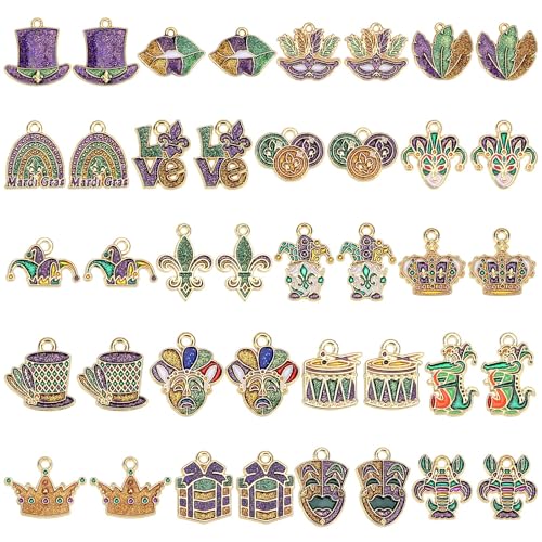 MARFOREVER 40 Pcs/20 Pairs Mardi Gras Charms for Jewelry Making, Glitter Mardi Gras Charm Carnival Mask Jester Fleur-de-lis Charms Pendants for Bracelets Necklace Earrings DIY Crafts Accessories Gifts - style: Mardi Gras