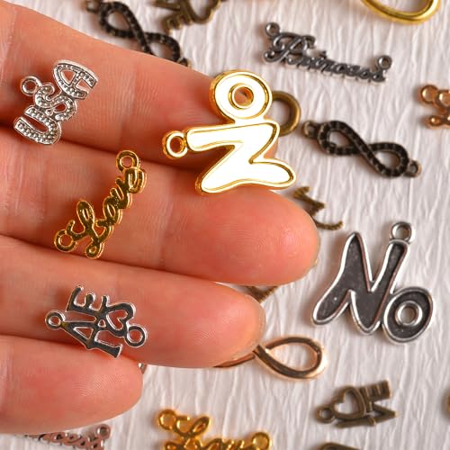 stino Metal Charms for Jewelry Making 100gram, Bulk Tibetan Silver & Gold Plated Trinkets for Earring Necklace Jewelry Making and Findings - color: Words Silver & Gold