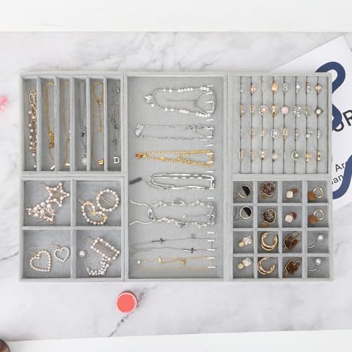 Fixwal Jewelry Organizers and Storage, 14in Stackable Jewelry Drawer Organizer, Set of 5 Jewelry Trays with Removable Dividers, Multi-Layer Tray for Earrings Necklaces Bracelets Watches, Grey